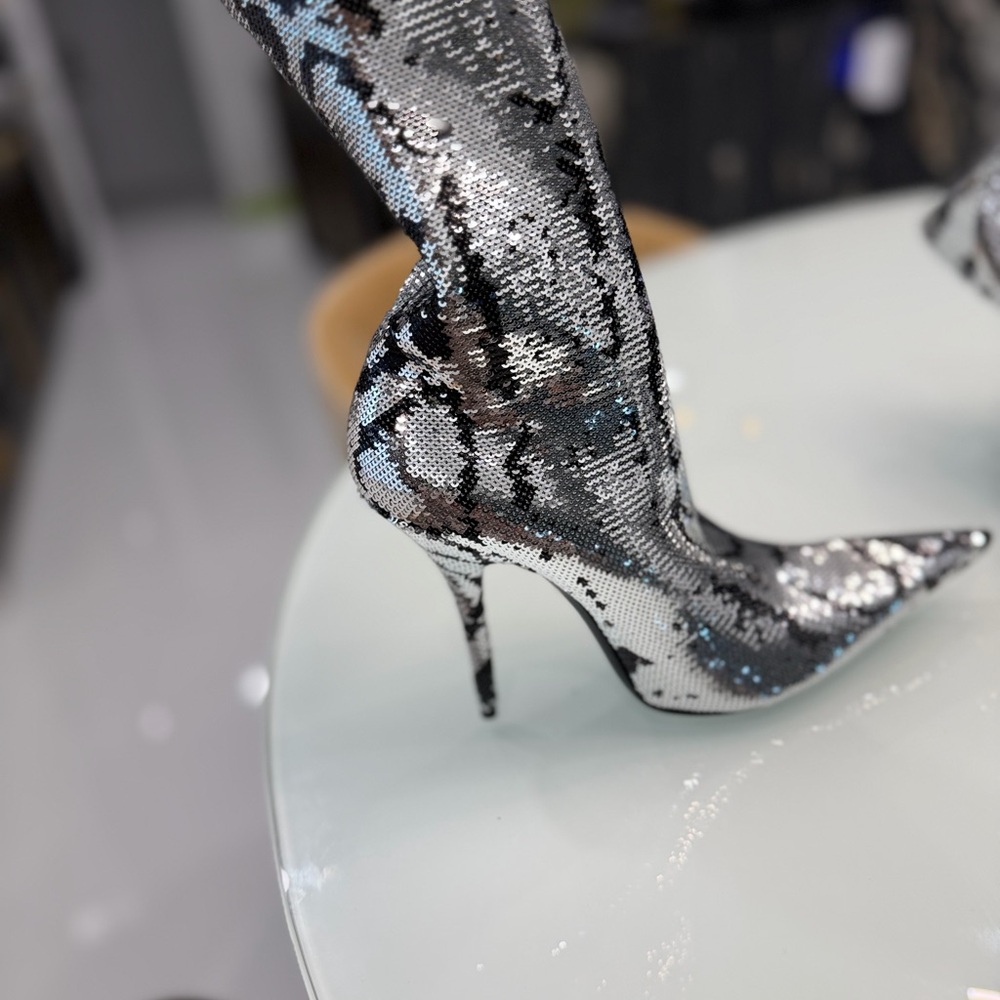 Balenciaga Silver Sequin Snake-Print Stiletto Knee-High Boot
